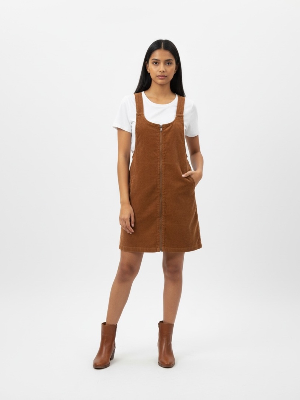 Forever 21 Brown Corduroy Zip-Front Pinafore Dress